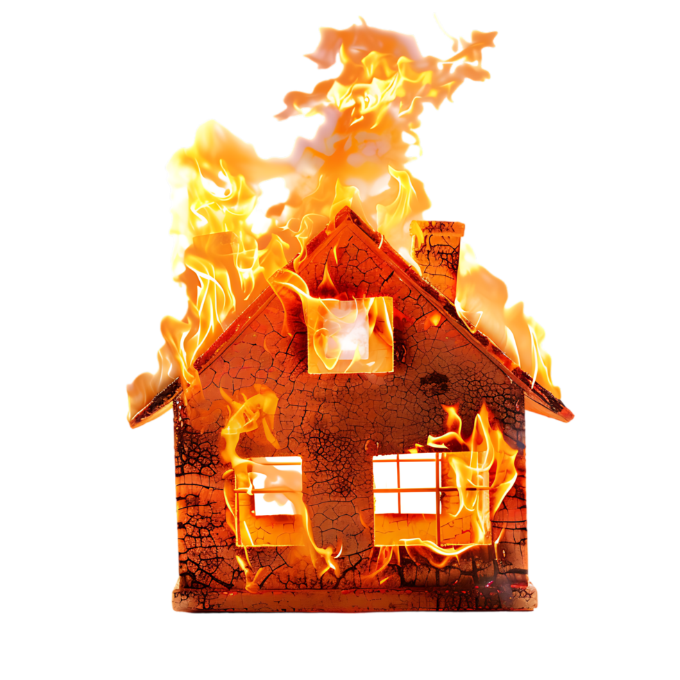 Isolated house on fire with flame against transparent background png