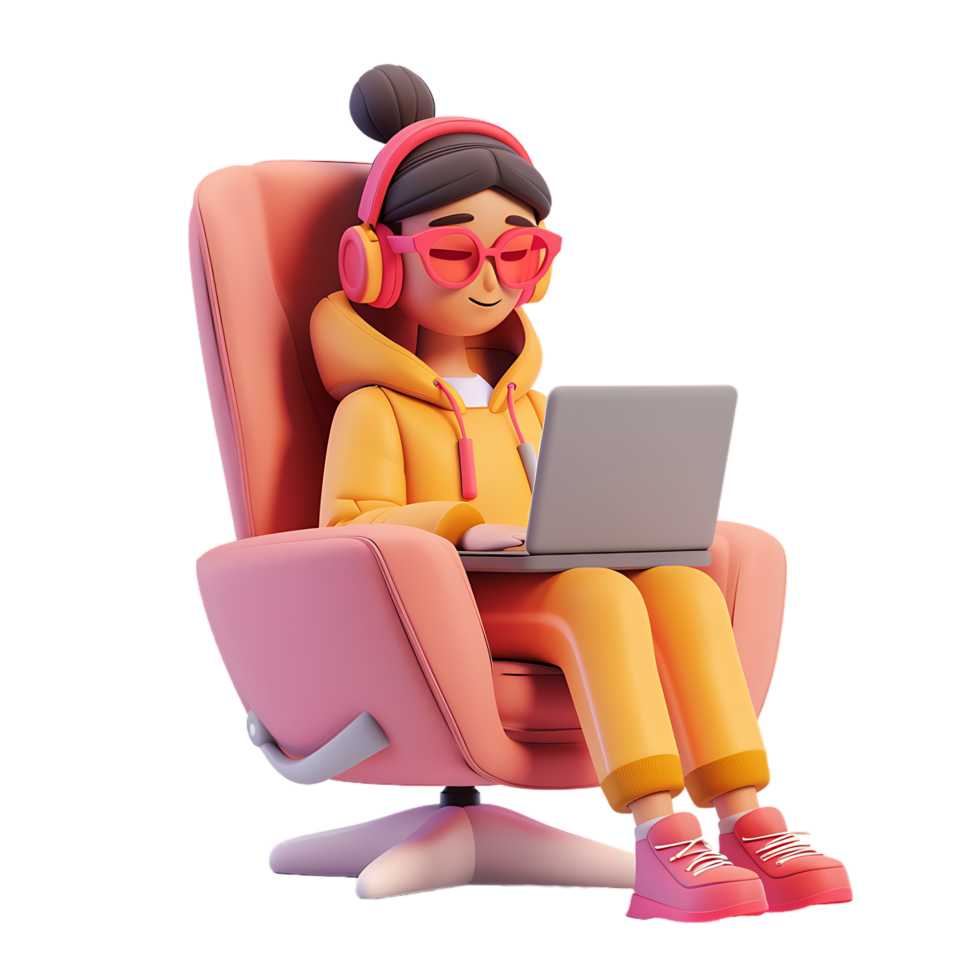 3d icon simple female character working on laptop while sitting in chair png