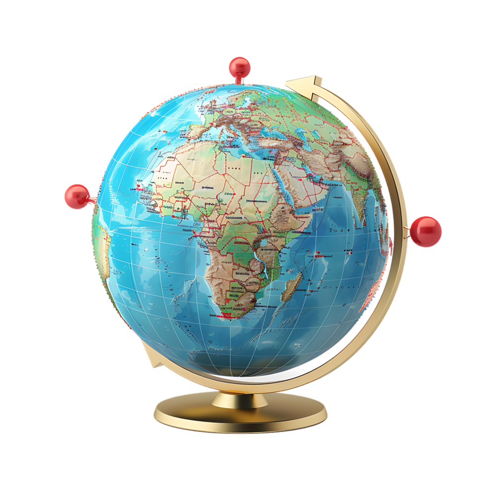3d icon simple earth globe with pinpoints and rotation arrow colored png