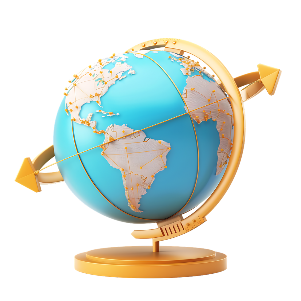 3d icon simple earth globe with pinpoints and rotation arrow colored png