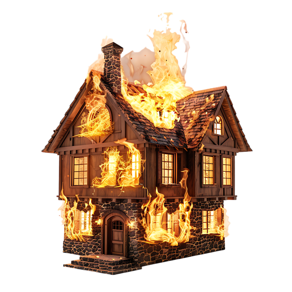 Isolated house on fire with flame against transparent background png