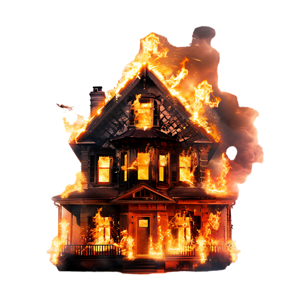 Isolated house on fire with flame against transparent background png