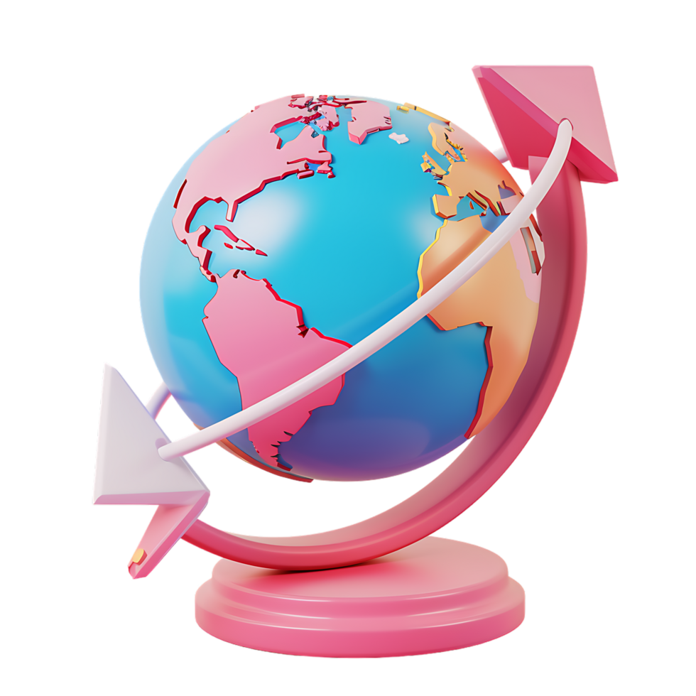 3d icon simple earth globe with pinpoints and rotation arrow colored png