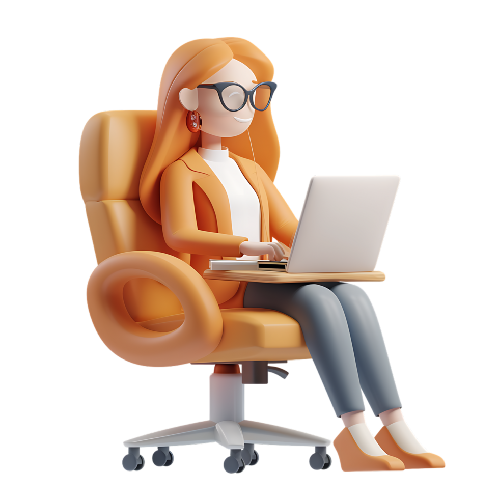 3d icon simple female character working on laptop while sitting in chair png