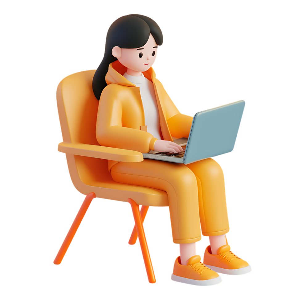 3d icon simple female character working on laptop while sitting in chair png