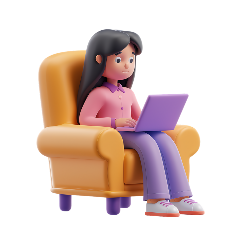 3d icon simple female character working on laptop while sitting in chair png