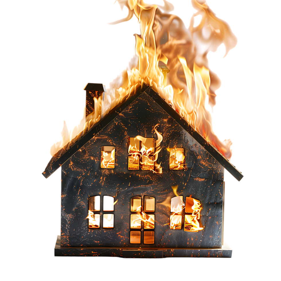 Isolated house on fire with flame against transparent background png