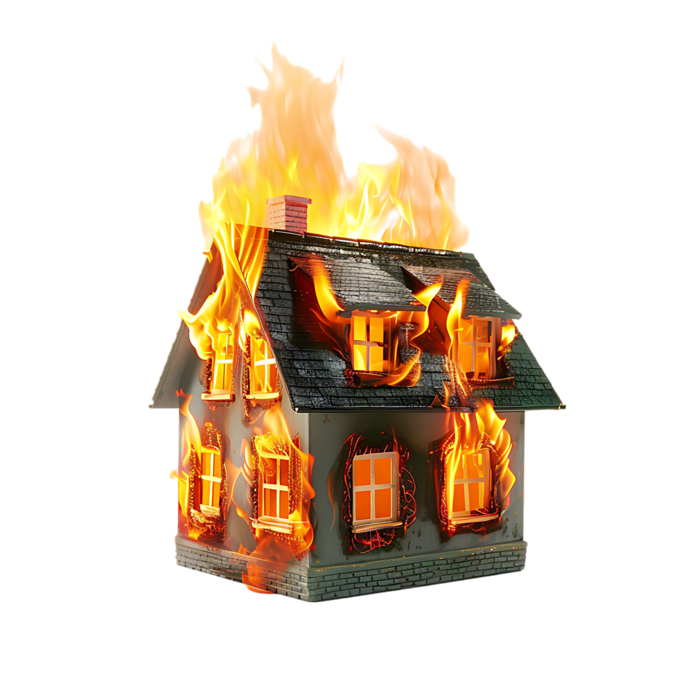 Isolated house on fire with flame against transparent background png