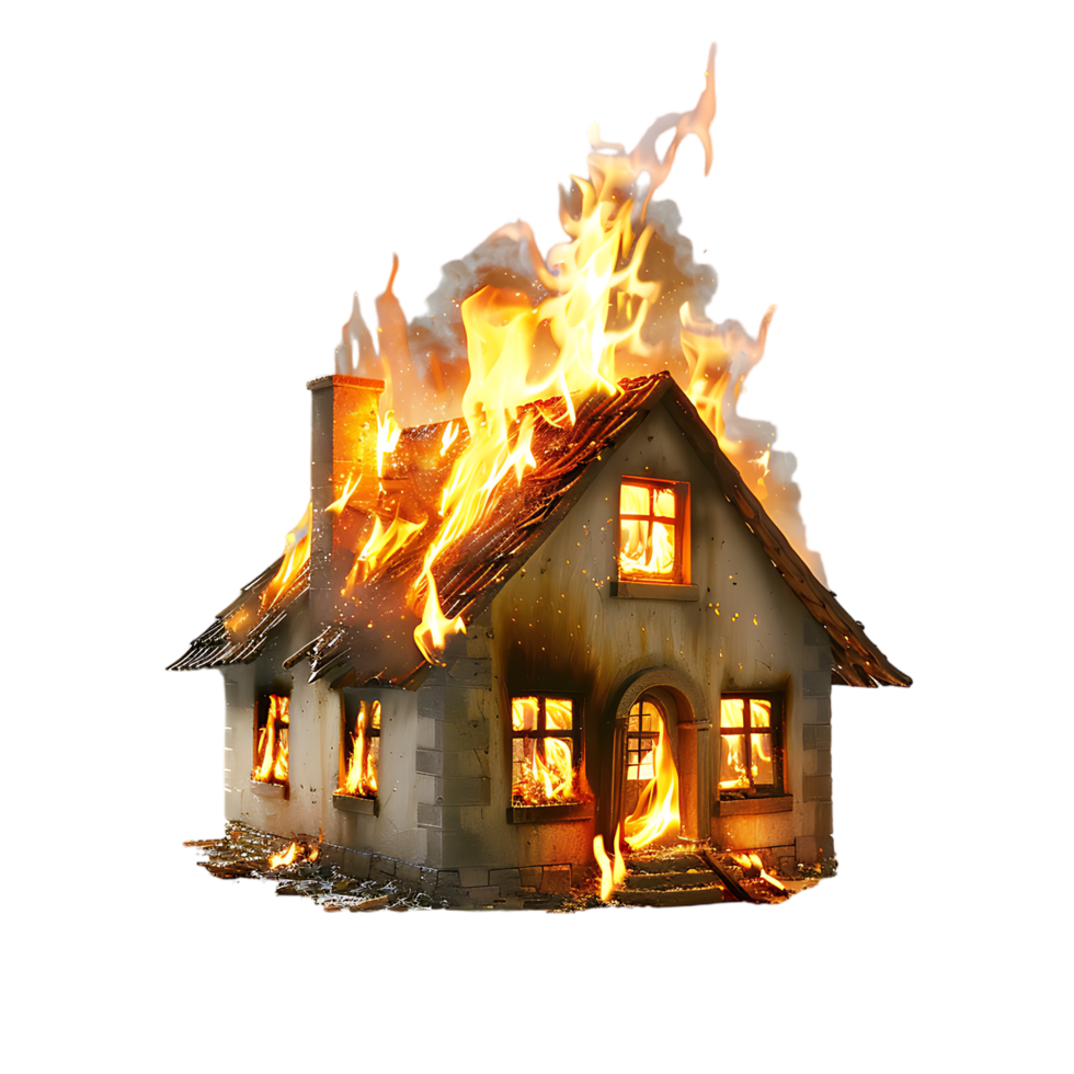 Isolated house on fire with flame against transparent background png