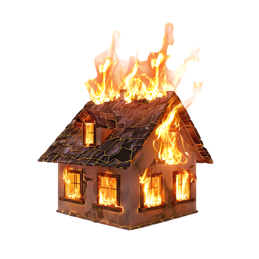 Isolated house on fire with flame against transparent background png