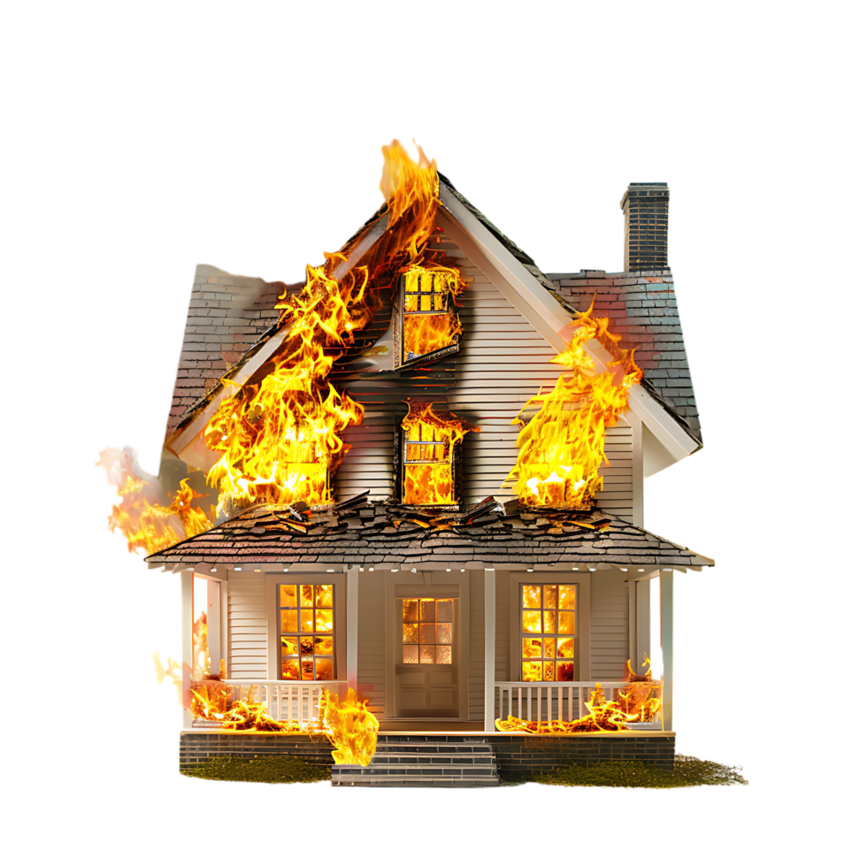 Isolated house on fire with flame against transparent background png