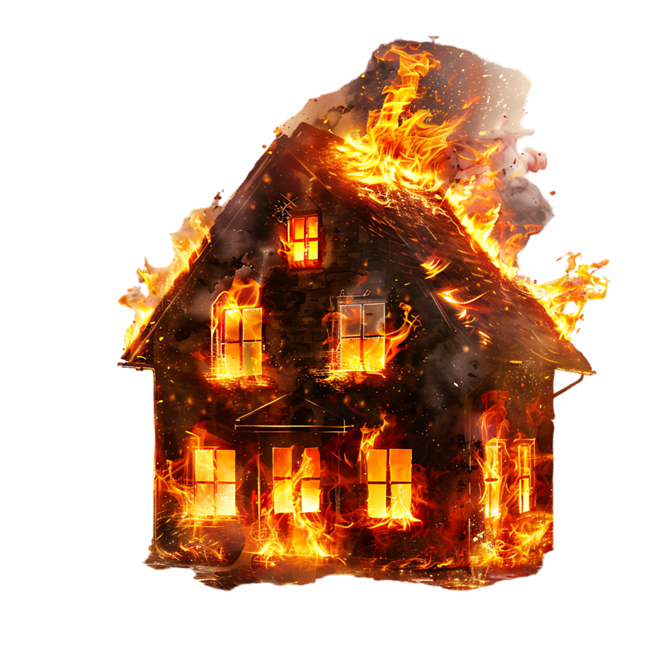 Isolated house on fire with flame against transparent background png