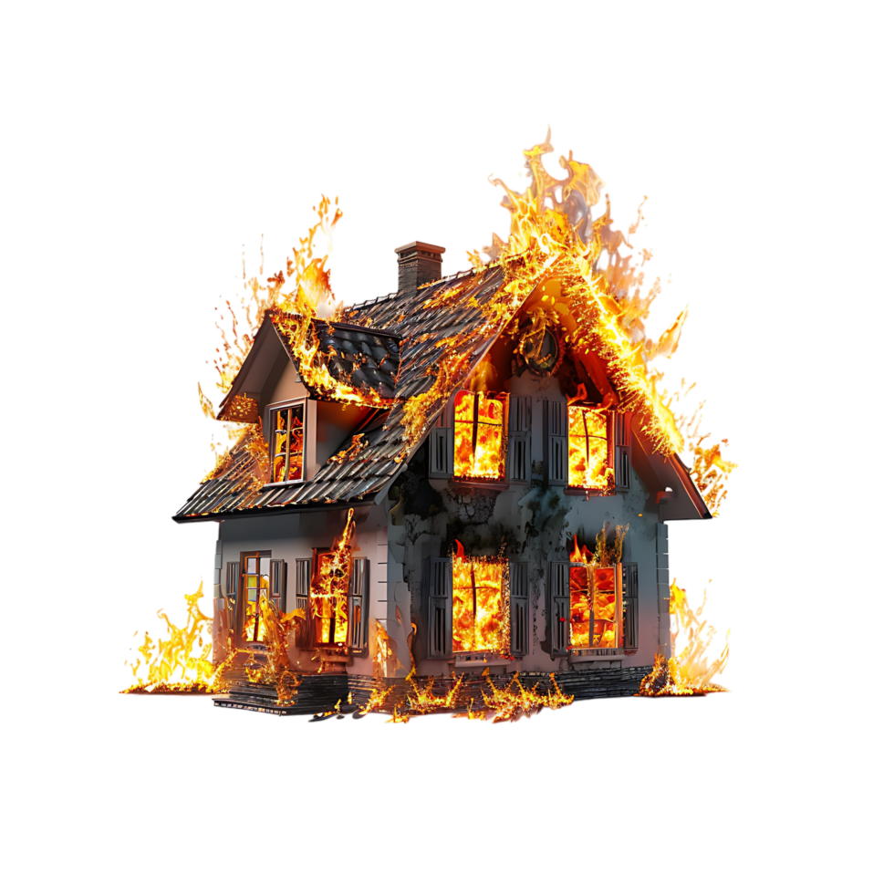 Isolated house on fire with flame against transparent background png