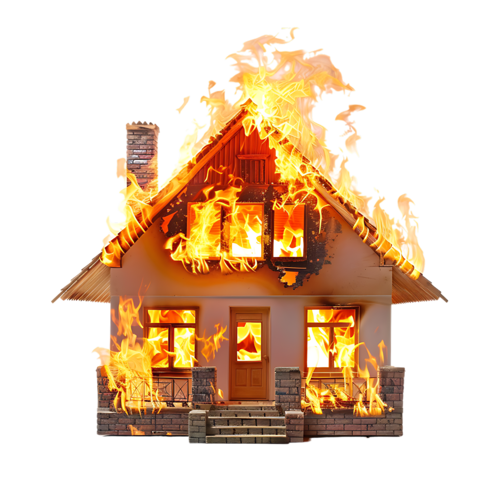 Isolated house on fire with flame against transparent background png