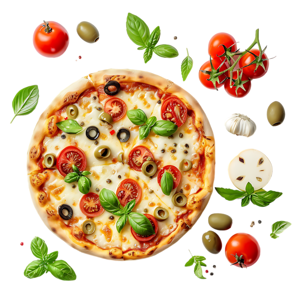Italian pizza with melted mozzarella cheese green olives tomato garnished vegetables png