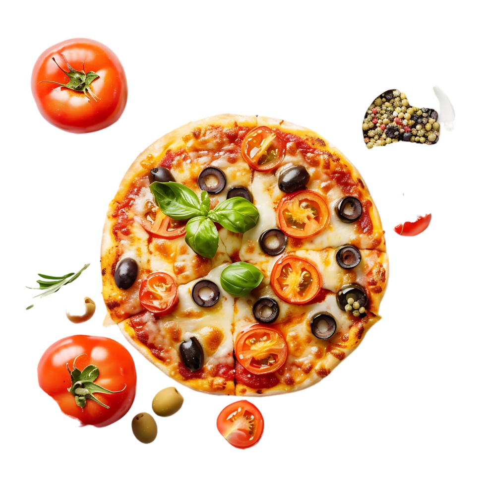 Italian pizza with melted mozzarella cheese green olives tomato garnished vegetables png