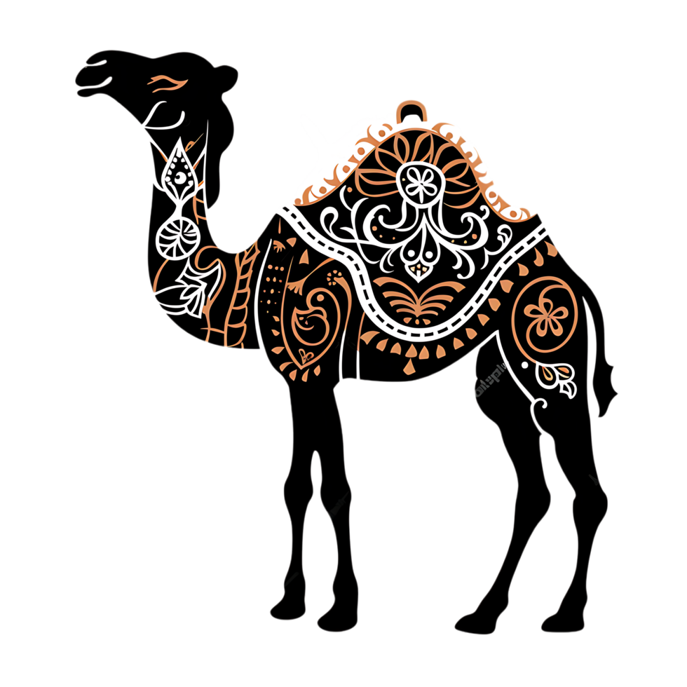 Camel silhouette Arabian pattern set against transparent background png