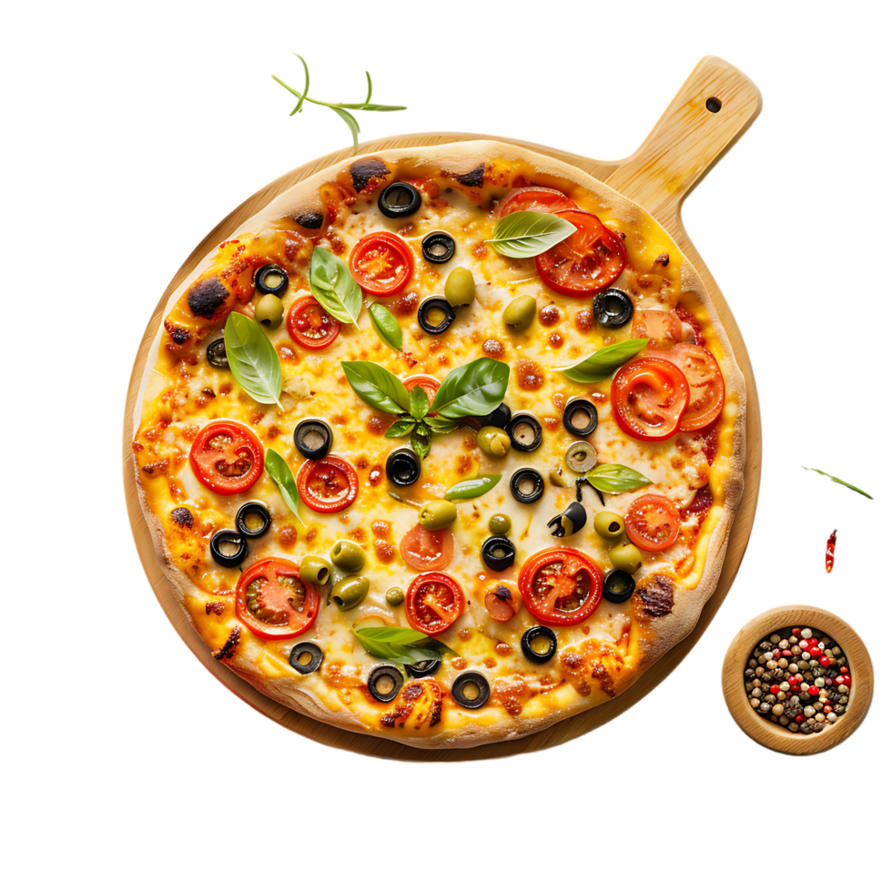 Italian pizza with melted mozzarella cheese green olives tomato garnished vegetables png