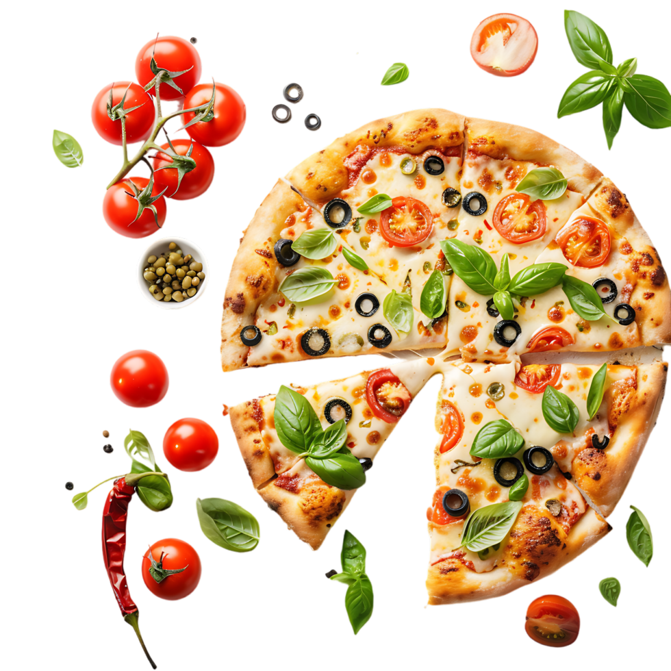 Italian pizza with melted mozzarella cheese green olives tomato garnished vegetables png
