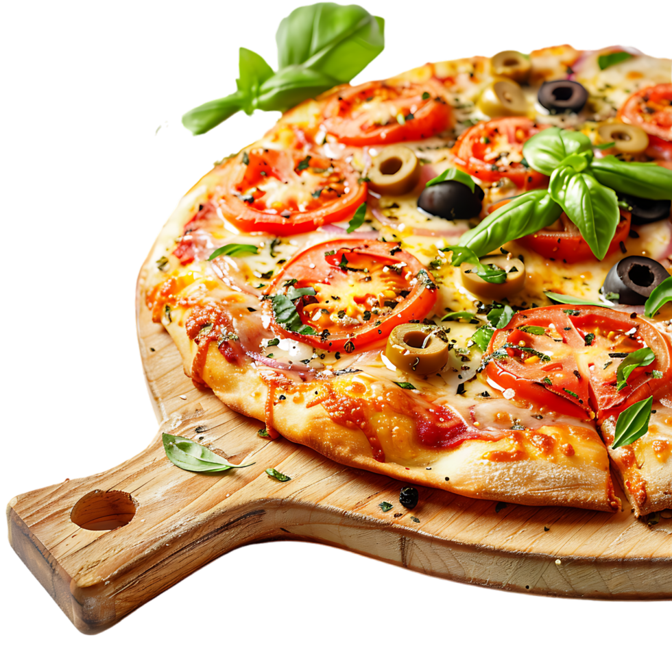 Italian pizza with melted mozzarella cheese green olives tomato garnished vegetables png