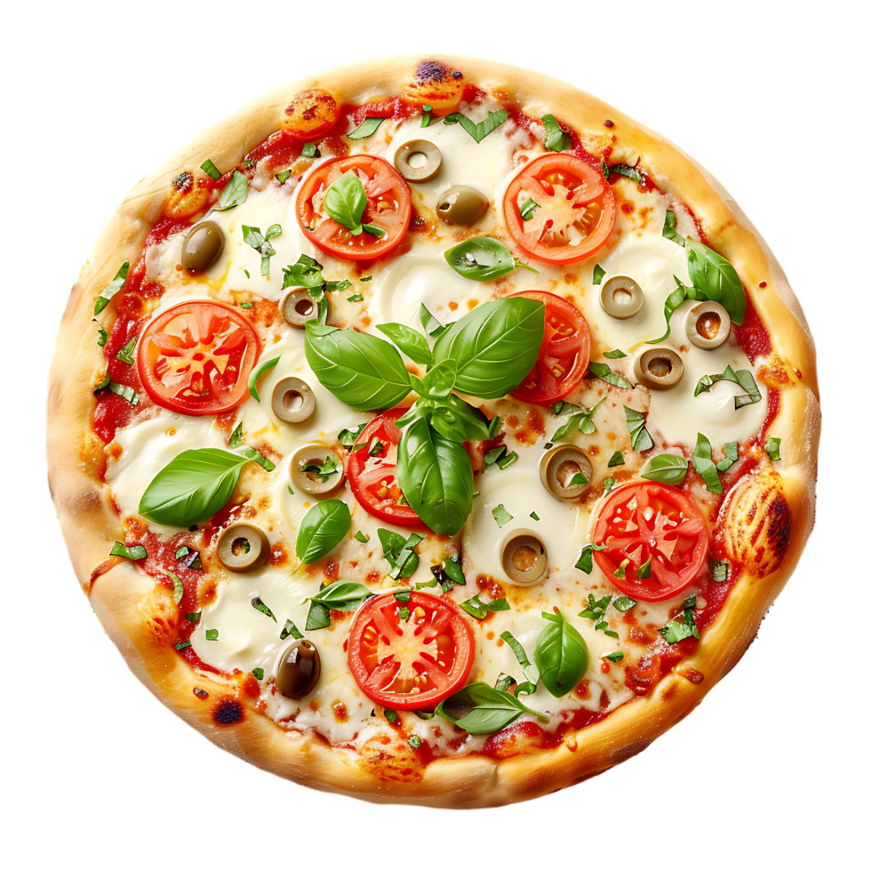 Italian pizza with melted mozzarella cheese green olives tomato garnished vegetables png