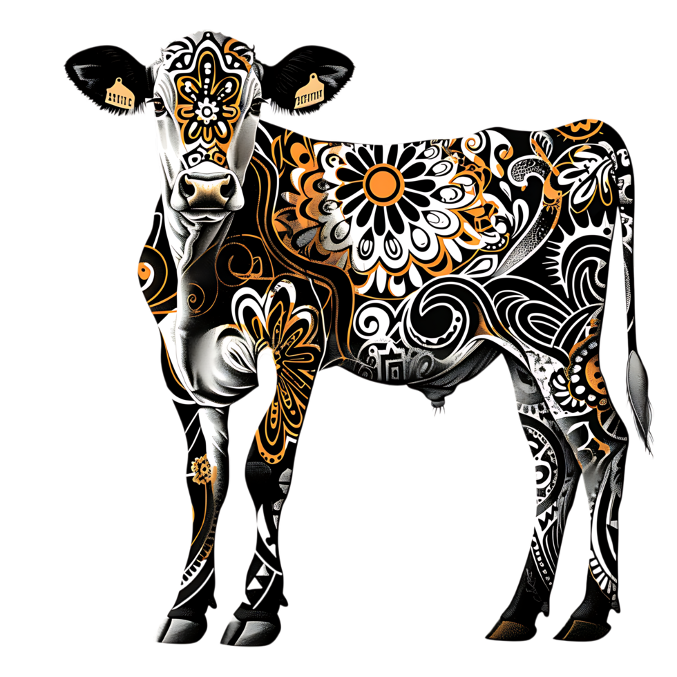 Cow silhouette Arabian pattern set against transparent background png