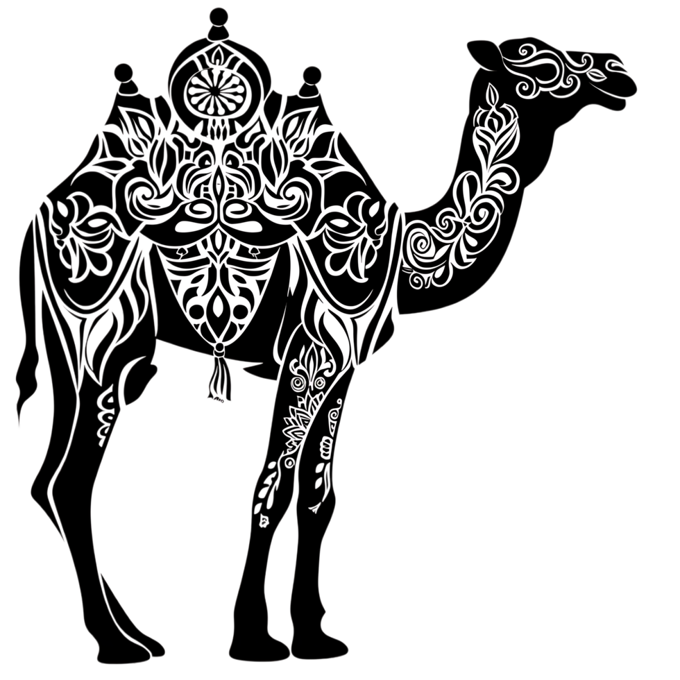 Camel silhouette Arabian pattern set against transparent background png