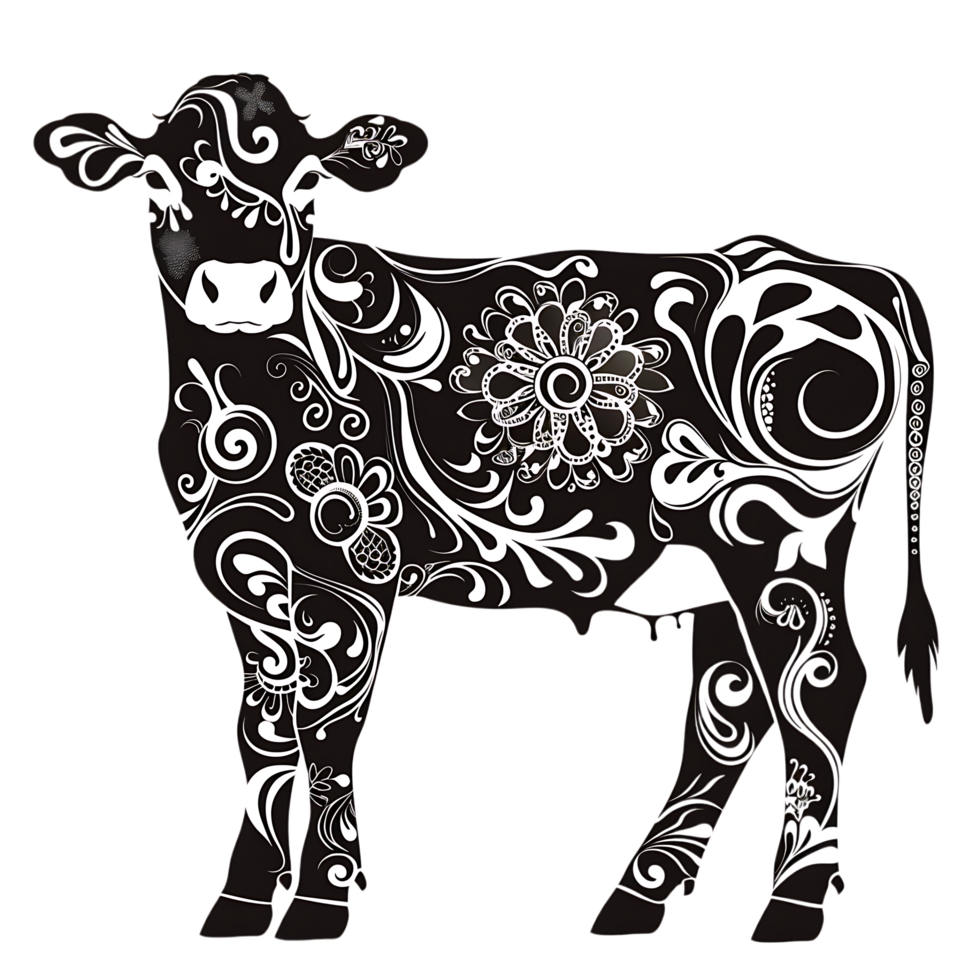 Cow silhouette Arabian pattern set against transparent background png