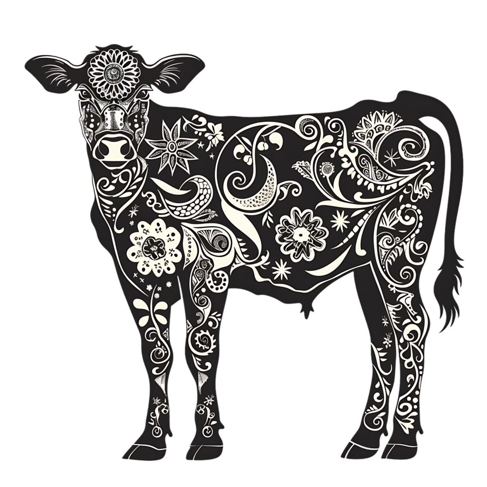Cow silhouette Arabian pattern set against transparent background png