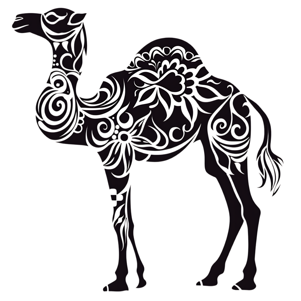 Camel silhouette Arabian pattern set against transparent background png