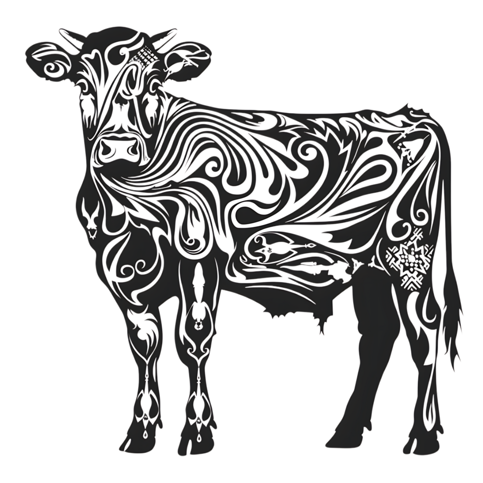 Cow silhouette Arabian pattern set against transparent background png