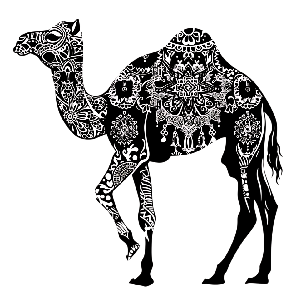 Camel silhouette Arabian pattern set against transparent background png