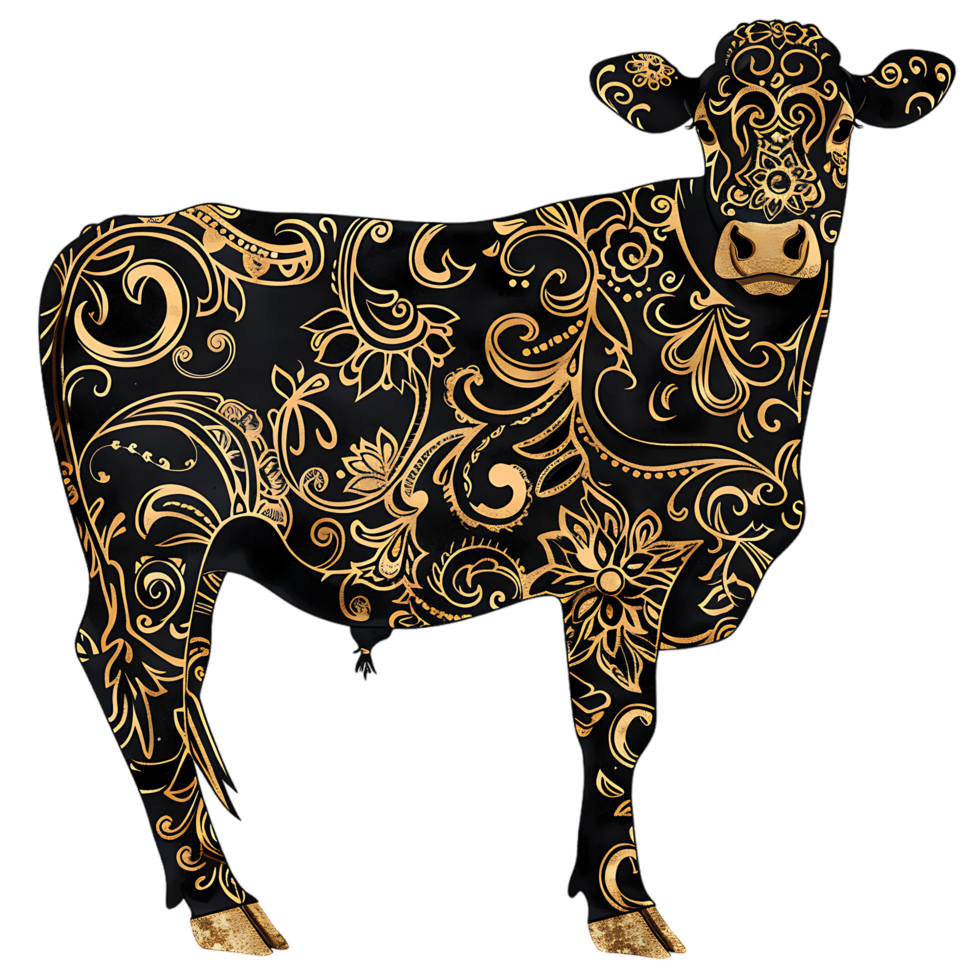 Cow silhouette Arabian pattern set against transparent background png