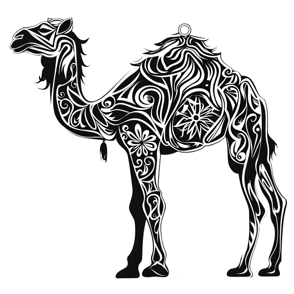 Camel silhouette Arabian pattern set against transparent background png