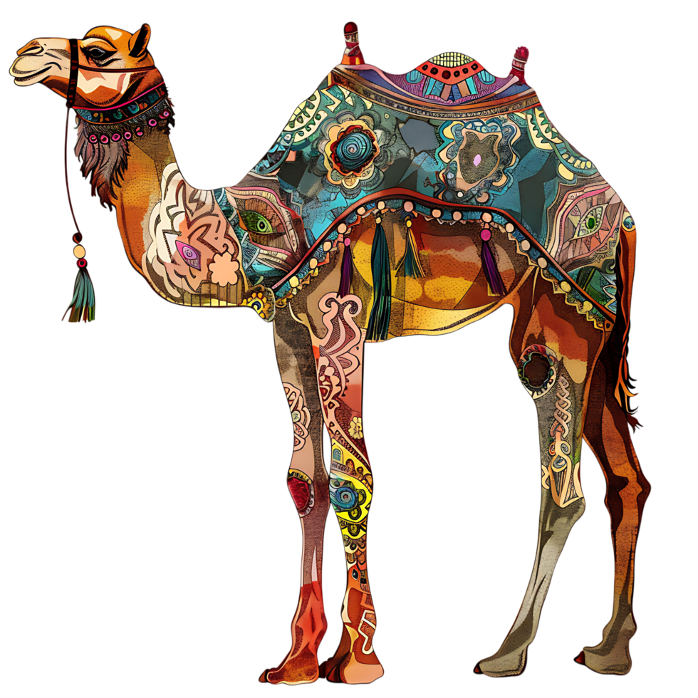 Camel silhouette Arabian pattern set against transparent background png