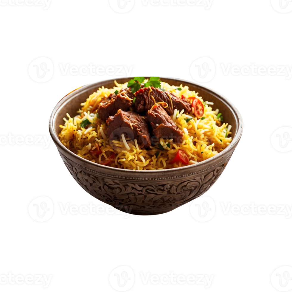 A Hot Traditionally Spicy Delicious Beef Biryani Isolated on a Transparent Background png