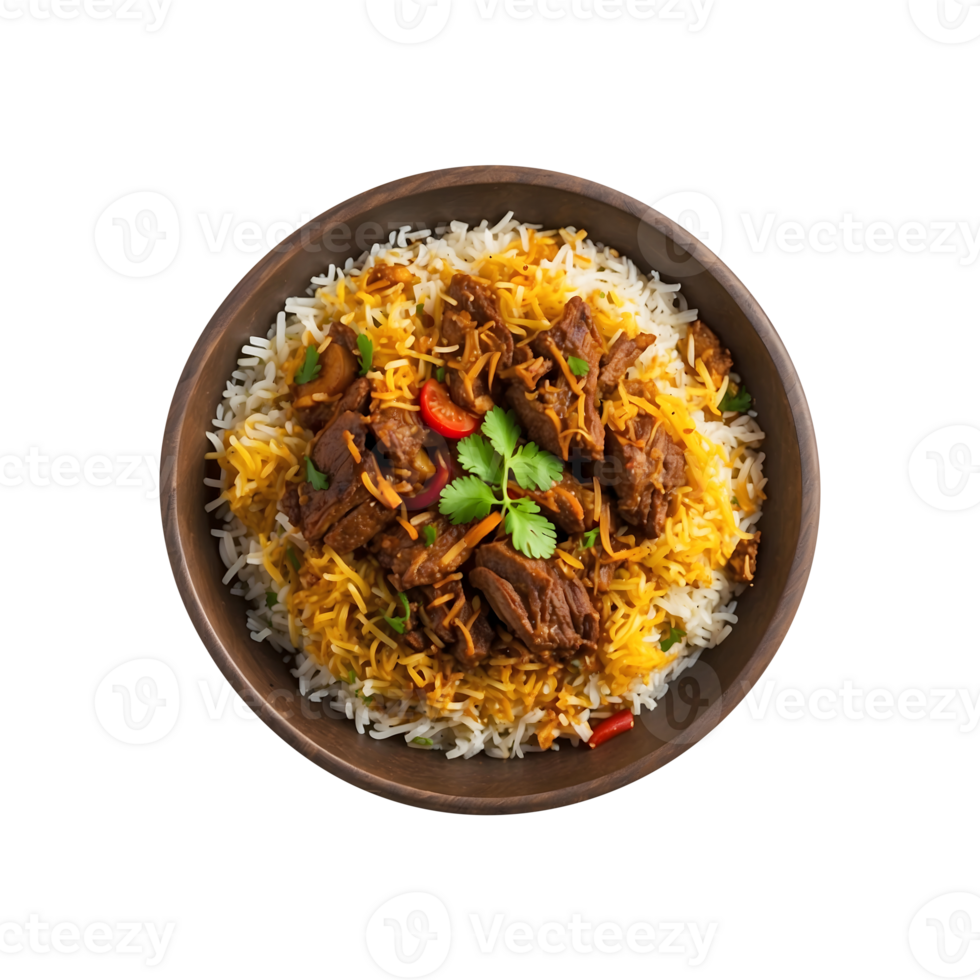 A Hot Traditionally Spicy Delicious Beef Biryani Isolated on a Transparent Background png