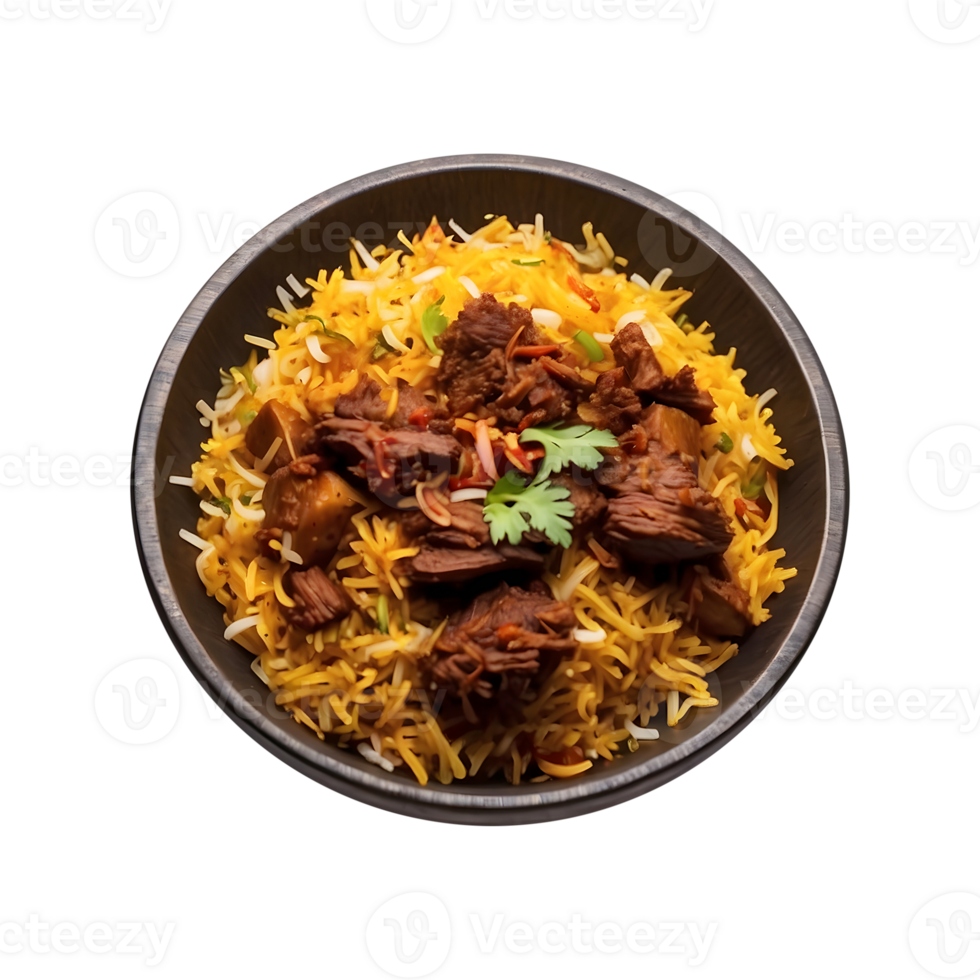 A Hot Traditionally Spicy Delicious Beef Biryani Isolated on a Transparent Background png
