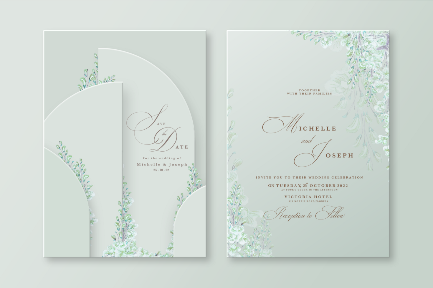 Geometric Wedding Invitation Template with Green Hyacinths psd
