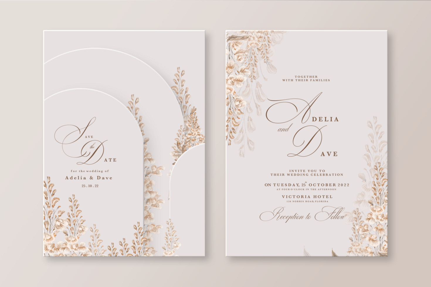 Geometric Wedding Invitation Template with Beige Hyacinths psd