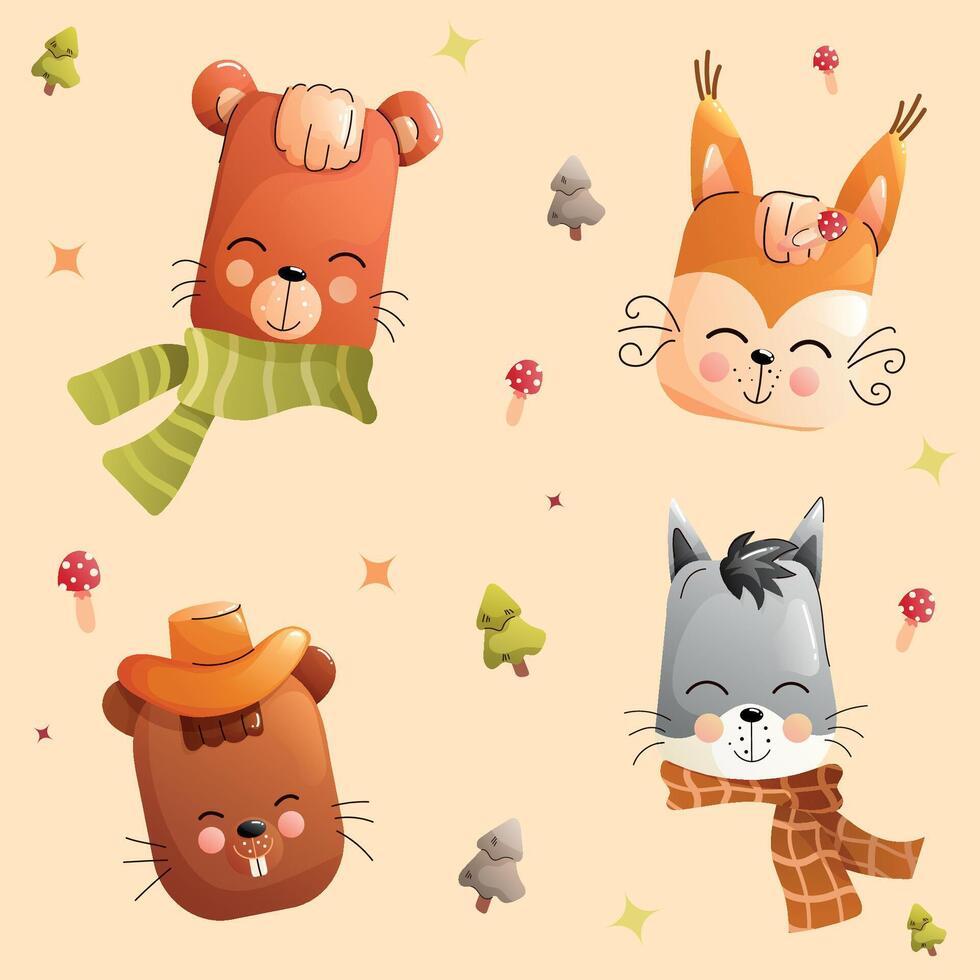 Children cute forest animals set with cozy scarves. Collection features illustrated a bear, a fox, a beaver, and a wolf. vector