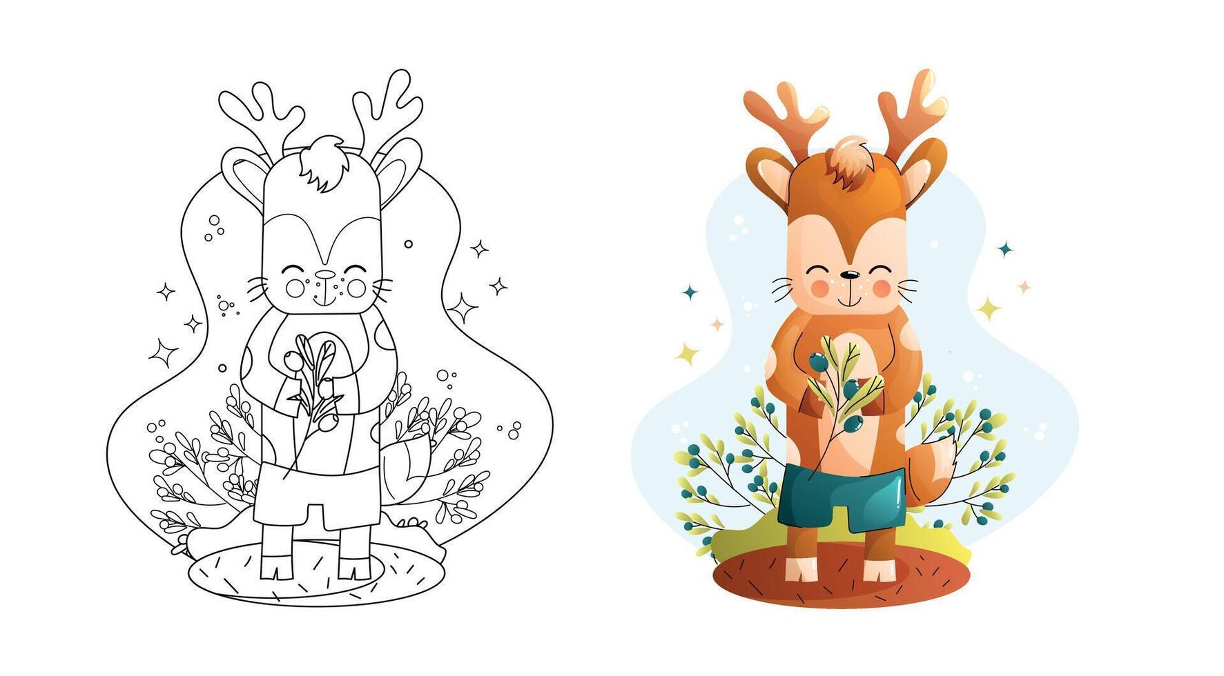 Cute deer Coloring Page Black and White and Colored Versions. Childrens animals set. vector