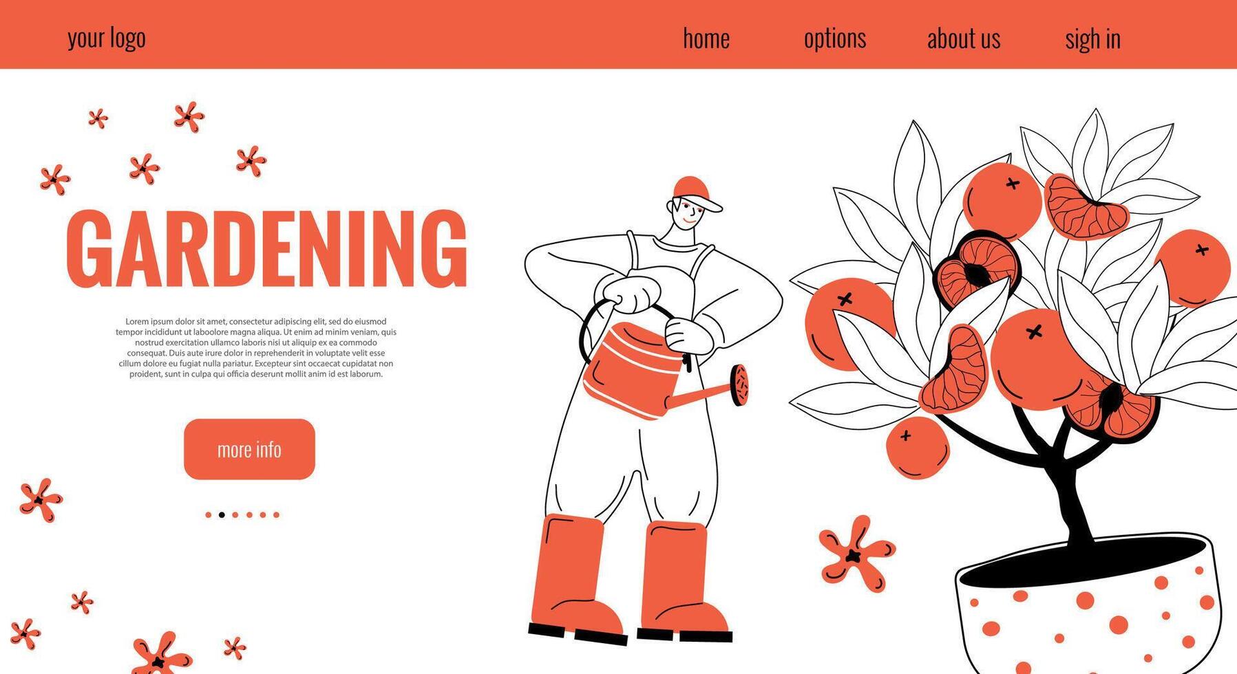 A colorful illustration of gardening featuring a plant and a gardener in a red and white theme vector