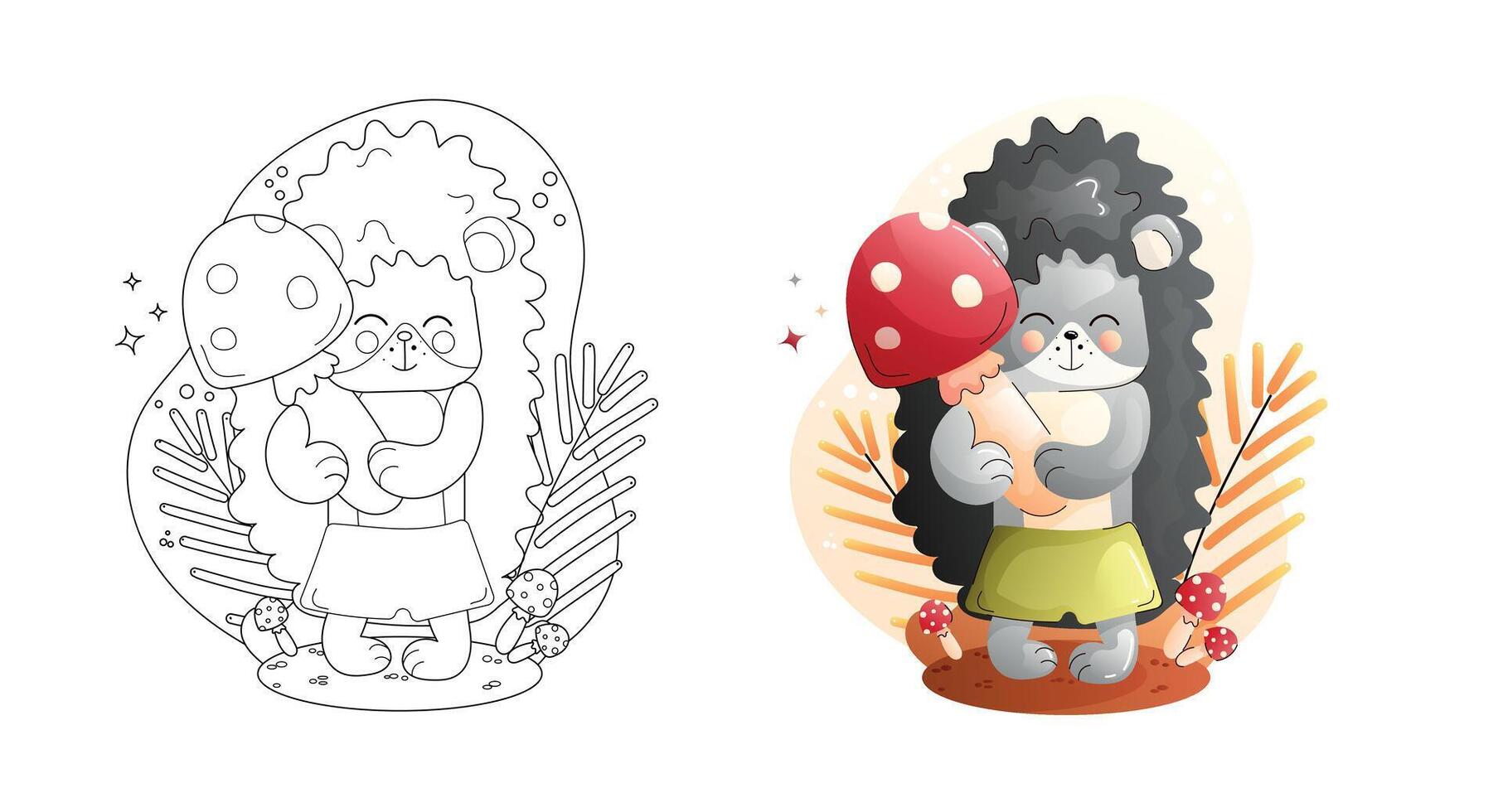Cute Cartoon Hedgehog Character Coloring Page Black and White and Colored Versions. Childrens animals set. vector