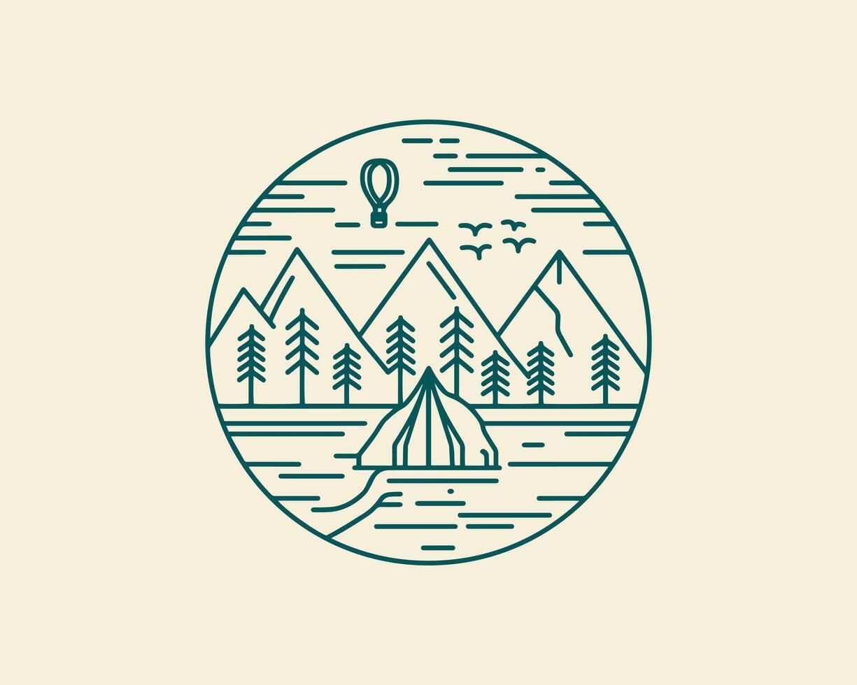 Nature and travel line art boho outdoor badge or emblem. Round bohemian logo design. Modern symbol in trendy minimalist lineart style. Perfect for apparel prints or posters. vector