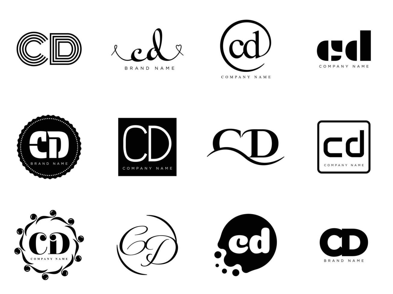 CD logo company template. Letter c and d logotype. Set different classic serif lettering and modern bold text with design elements. Initial font typography. vector