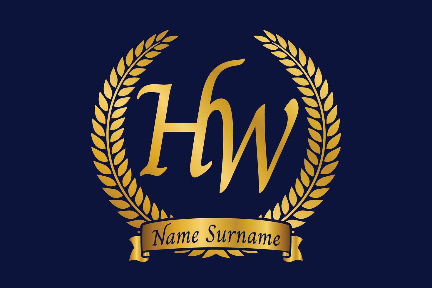Initial letter H and W, HW monogram logo design with laurel wreath. Luxury golden calligraphy font. vector