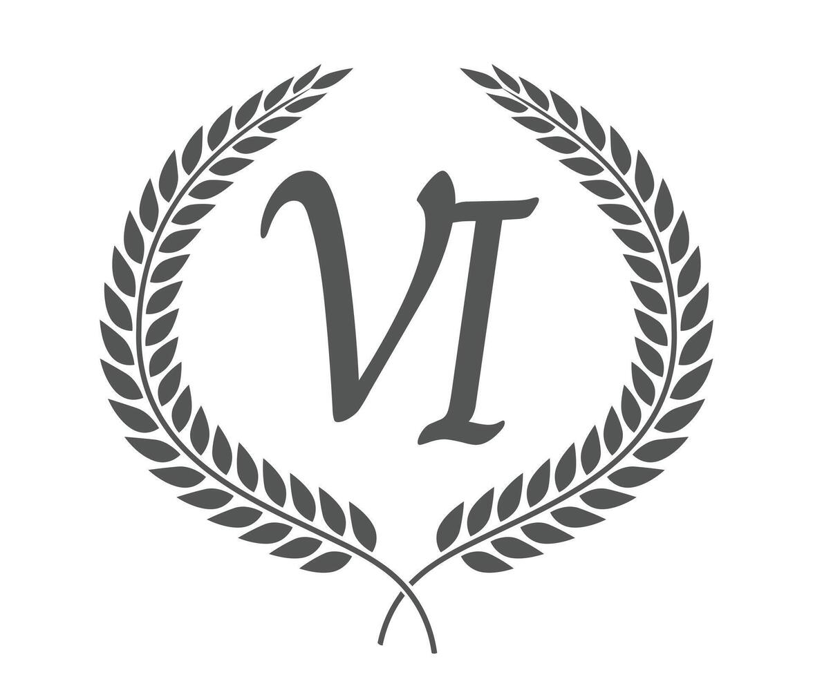 Initial letter V and I, VI monogram logo design with laurel wreath. Luxury calligraphy font. vector