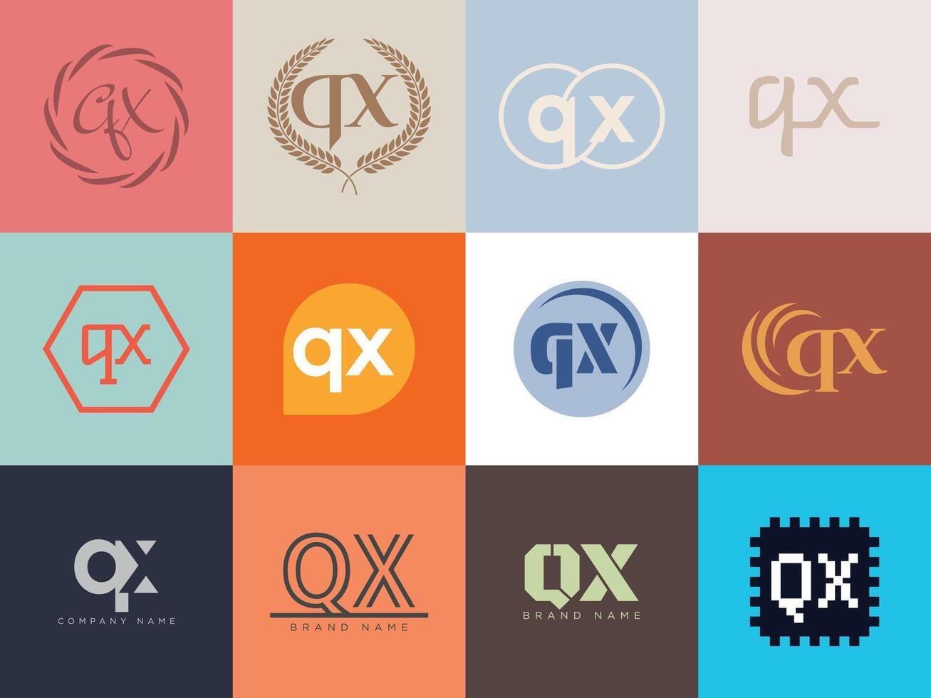 QX logo company template. Letter q and x logotype. Set different classic serif lettering and modern bold text with design elements. Initial font typography. vector