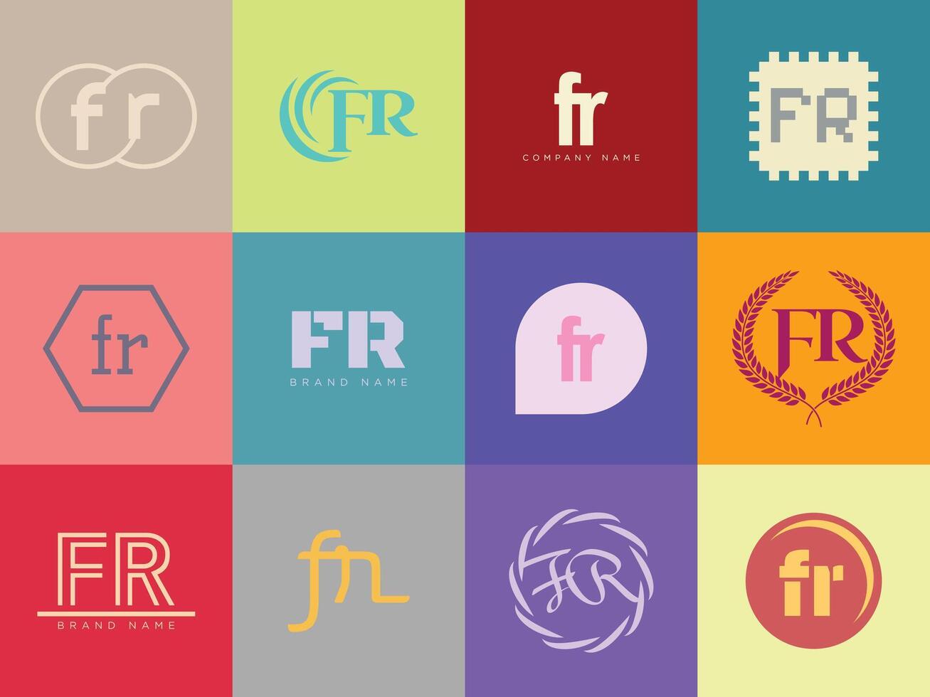FR logo company template. Letter f and r logotype. Set different classic serif lettering and modern bold text with design elements. Initial font typography. vector